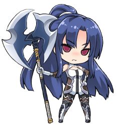  1girl :/ bodysuit breasts chibi full_body high_ponytail hime_cut holding holding_weapon lilith-soft long_hair looking_at_viewer non-web_source official_art red_eyes standing taimanin_(series) taimanin_gogo! transparent_background very_long_hair weapon wide_hips yatsu_murasaki 