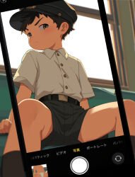  1boy acnhiti blush cellphone highres holding holding_phone indoors looking_at_viewer male_focus male_underwear original phone short_hair short_sleeves shorts shota simple_background sitting smartphone solo_focus spread_legs taking_picture underwear viewfinder white_male_underwear  rating:Questionable score:34 user:danbooru