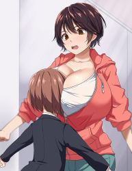 10s 1boy 1girl age_difference between_breasts blush breast_smother breasts brown_eyes brown_hair cleavage cleavage_cutout clothing_cutout collision face_to_breasts head_between_breasts height_difference hetero highres huge_breasts idolmaster idolmaster_cinderella_girls kloah looking_down oikawa_shizuku open_mouth short_hair shota towering rating:Questionable score:158 user:Marcerner