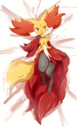 1girl animal_ears animal_hands bed_sheet blush cactus_(spareminty) creatures_(company) dakimakura_(medium) delphox feet female_focus fox_ears from_above furry furry_female game_freak gen_6_pokemon half-closed_eyes hand_to_own_mouth highres looking_at_viewer lying nintendo on_back orange_eyes pokemon pokemon_(creature) pokemon_xy simple_background smile solo white_background