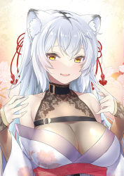  1girl 47agdragon animal_ear_fluff animal_ears belt black_belt blue_kimono breasts chest_belt commentary_request floral_print hair_ribbon hands_up highres japanese_clothes kimono large_breasts looking_at_viewer off_shoulder open_mouth original print_kimono ribbon see-through silver_hair smile solo tiger_ears upper_body yellow_eyes 