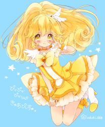  10s 1girl :t blonde_hair blue_background bow brooch character_name choker cure_peace curly_hair frills full_body hair_flaps heart heart_in_eye highres jewelry kise_yayoi kneeling long_hair magical_girl pika_pika_pikarin_jankenpon pout precure shoes skirt smile_precure! solo star_(symbol) symbol_in_eye twitter_username uzuki_aki v white_footwear wrist_cuffs yellow_bow yellow_eyes yellow_skirt 