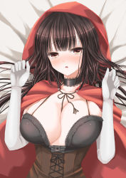  1girl blush breasts brown_hair bustier choker cleavage cloak collarbone cosplay elbow_gloves gloves hiroharu hood hooded_cloak itsumoto_hiroharu large_breasts little_red_riding_hood little_red_riding_hood_(grimm) little_red_riding_hood_(grimm)_(cosplay) long_hair lying on_back open_mouth original parted_lips skindentation solo tears unaligned_breasts white_gloves  rating:Sensitive score:43 user:danbooru