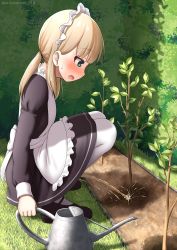 1girl apron arisu_kazumi black_dress black_footwear blonde_hair blush breasts bush dress flower garden grass green_eyes holding loli long_hair long_sleeves looking_down low_twintails maid maid_headdress mary_janes open_mouth pantyhose pee peeing puddle shoes small_breasts squatting sweatdrop thighhighs tree twintails watering_can watering_the_tree white_apron white_thighhighs rating:Questionable score:209 user:cpee