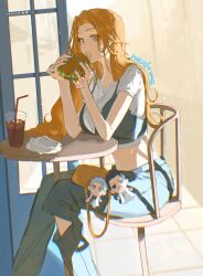  :o bag black_pants bleach blonde_hair blue_eyes blue_nails bra_over_clothes burger chair character_doll character_request cup curly_hair disposable_cup door drinking_straw english_text fingernails food highres holding holding_burger holding_food ice jewelry light lips long_hair looking_at_viewer matsumoto_rangiku nail nail_polish navel necklace no_aid on_chair open_mouth orange_bag pants plastic_bag shirt sitting soda sunlight table teeth white_shirt 