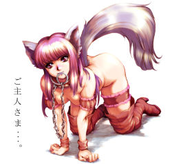 00s 1girl all_fours animal_ears arm_garter bdsm blush bondage boots bound breasts bridal_garter chain chain_leash collar female_focus fujiwara_zakuro hanging_breasts hisahiko leash long_hair looking_at_viewer magical_girl mew_zakuro mouth_hold nipples nude purple_eyes purple_hair simple_background slave smile solo tail thigh_boots thighhighs tokyo_mew_mew translated white_background wolf_ears wolf_tail wristband rating:Questionable score:40 user:danbooru
