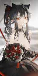  0_(znanimo) 1girl alternate_costume alternate_hairstyle animal_ears arknights bare_shoulders black_dress black_gloves black_hair blurry blurry_background bouquet breasts dress elbow_gloves extra_ears flower gloves hair_between_eyes halter_dress halterneck happy_birthday highres holding holding_bouquet jewelry looking_at_viewer medium_breasts mixed-language_commentary orange_eyes ponytail red_flower red_rose ring rose sidelocks solo texas_(arknights) translation_request wolf_ears wolf_girl 