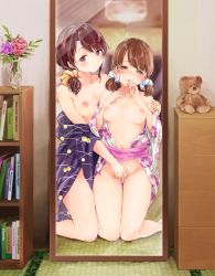 2girls blue_scrunchie blush book bookshelf breasts brown_eyes brown_hair cleavage commentary_request fingering floral_print flower full-length_mirror hand_to_own_mouth highres incest indoors japanese_clothes kimono kneeling large_breasts looking_at_viewer medium_breasts medium_hair mirror mole mole_under_eye mother_and_daughter multiple_girls navel nipples no_bra no_panties obi off_shoulder open_clothes open_kimono open_mouth original purple_kimono pussy_juice sash scrunchie smile stuffed_animal stuffed_toy syou_(endemic_species) teddy_bear twintails vase white_kimono yellow_scrunchie yuri