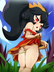  1girl absurdres ashley_(warioware) ass black_hair blue_sky blush breasts clothes_lift day dress dress_lift feet_out_of_frame female_focus female_masturbation from_behind grass hair_between_eyes hairband highres loli long_hair looking_at_viewer looking_back masturbation nintendo nipples no_panties open_mouth orange_hairband outdoors pussy_juice red_dress red_eyes shiny_skin sidelocks skarlet_jewel sky sleeveless sleeveless_dress small_breasts solo standing sweat twintails warioware 