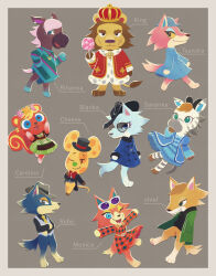  4girls 6+girls animal_crossing arms_at_sides audie_(animal_crossing) belt black_hat black_jacket black_shirt blonde_hair blue_coat blue_dress blue_eyes blue_hat border bow bowtie brown_hair candy caroline_(animal_crossing) chadder_(animal_crossing) character_name chief_(animal_crossing) coat collared_shirt colored_sclera crossed_arms dress elvis_(animal_crossing) eyeshadow facial_scar food freya_(animal_crossing) full_body fur-trimmed_robe fur_trim furry furry_female furry_male glasses green_dress green_eyes grey_background grey_border grey_hat grey_vest hands_in_pockets hat head_wreath highres holding holding_candy holding_food holding_lollipop horse_girl jacket jewelry lion_boy lobo_(animal_crossing) lollipop makeup multiple_girls necklace necktie nintendo one_eye_closed open_mouth outstretched_arms pawpads pink_hair red_bow red_bowtie red_dress red_robe reneigh_(animal_crossing) robe savannah_(animal_crossing) scar scar_on_cheek scar_on_face shirt squirrel_girl tinted_eyewear top_hat ukata vest whitney_(animal_crossing) wolf_boy wolf_girl yellow_necktie yellow_sclera zebra_girl 