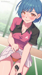 1girl absurdres blue_hair blush closed_mouth clothes_lift collared_shirt commentary_request cowboy_shot highres holding holding_racket holding_tennis_racket kanikatsuya lifted_by_self looking_at_viewer mole mole_under_eye orange_eyes orange_panties original outdoors panties racket red_shirt shirt shirt_lift short_hair short_sleeves skirt smile solo sportswear standing sweat tennis_court tennis_racket tennis_uniform underwear white_skirt 