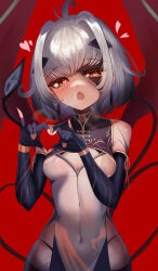  1girl antenna_hair black_bra black_dress black_gloves black_tail body_markings bra breasts china_dress chinese_clothes cleavage_cutout clothing_cutout commentary covered_navel cowboy_shot dangle_earrings dragon_wings dress earrings elbow_gloves fang fate/grand_order fate_(series) fingerless_gloves forked_eyebrows gloves gold_trim gradient_hair grey_hair heart heart-shaped_pupils heart_hands highres jewelry looking_at_viewer m0_chi melusine_(fate) multicolored_hair open_mouth panty_straps red_background red_pupils see-through see-through_dress simple_background skin_fang small_breasts solo symbol-shaped_pupils two-tone_dress underwear white_dress wings yellow_eyes 