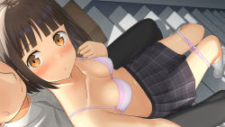  1boy 1girl apollo_(hu_maple) black_hair black_legwear black_skirt blunt_bangs blush bob_cut bow bow_panties bra breasts cleavage collarbone commentary from_above hand_on_own_chest head_out_of_frame highres looking_at_another looking_back medium_breasts navel no_shirt orange_eyes original panties pants panty_pull pink_bow pink_bra pink_panties plaid plaid_skirt school_uniform shirt short_hair sitting sitting_on_lap sitting_on_person sitting_on_stairs skirt socks stairs thighs underwear undressing white_legwear  rating:Questionable score:75 user:danbooru
