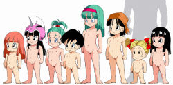  6+girls amedama_akihito arms_at_sides bandana barefoot black_eyes black_hair blonde_hair blue_eyes blunt_bangs bow bra_(dragon_ball) chi-chi_(dragon_ball) cleft_of_venus dragon_ball dragon_ball_gt dragon_ball_super dragonball_z earrings feet female_focus flat_chest full_body green_hair hair_bobbles hair_bow hair_ornament hairband helmet jewelry lineup loli long_hair looking_to_the_side mai_(dragon_ball) marron_(dragon_ball) multiple_girls navel nipples nude orange_hair pan_(dragon_ball) pussy short_hair short_twintails simple_background smile standing suno_(dragon_ball) time_paradox toes topknot twintails uncensored white_background yellow_eyes  rating:Explicit score:424 user:sytalidis