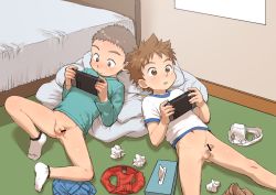  2boys a-roku_(eeroku) after_masturbation artist_request bedroom bottomless briefs briefs_removed brown_eyes brown_hair censored cushion erection flaccid foreskin handheld_game_console highres indoors lounging male_focus male_underwear messy_room multiple_boys navel nintendo_switch no_pants on_ground pants unworn_pants penis reclining red_boxers red_male_underwear shorts unworn_shorts shota small_penis socks testicles tissue tissue_box underwear unworn_underwear used_tissue video_game white_briefs white_male_underwear wide-eyed  rating:Explicit score:233 user:Hooly