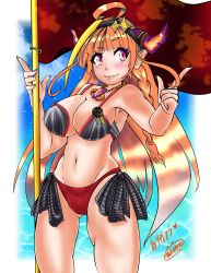  armpits bikini braid breasts cameltoe cleavage cleft_of_venus cowboy_shot dragon_girl flag highres hololive horns jewelry kiryu_coco nail_polish navel necklace nose nsfiiw orange_hair pointy_ears purple_eyes purple_nails swimsuit tagme thighs virtual_youtuber  rating:Questionable score:2 user:faaresemo