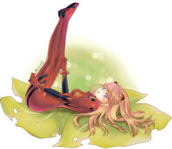  1girl 2014 artist_request ass blue_eyes blush bodysuit breasts brown_hair curvy dated highres leaf legs_together legs_up lips long_hair looking_at_viewer mini_person minigirl neon_genesis_evangelion red_bodysuit shiny_clothes shiny_skin simple_background solo souryuu_asuka_langley two_side_up wide_hips  rating:Sensitive score:2 user:popotepopote