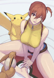  1girl ;p ass asymmetrical_hair bare_arms bare_legs bare_shoulders barefoot belt breasts brown_eyes brown_hair creatures_(company) crop_top cropped_shirt denim denim_shorts eevee eyelashes feet female_focus game_freak gen_1_pokemon green_shorts hair_between_eyes highres huge_ass huge_breasts kikken large_breasts legs long_hair looking_at_viewer looking_back looking_down micro_shorts midriff misty_(pokemon) navel nintendo one_eye_closed open_mouth orange_hair original pikachu pointy_breasts poke_ball poke_ball_(basic) pokemon pokemon:_the_electric_tale_of_pikachu ponytail red_eyes shirt short_hair short_shorts shorts side_ponytail simple_background sitting sleeveless sleeveless_shirt smile solo spread_legs suspenders thick_thighs thighs tongue tongue_out v wink yellow_shirt zipper zipper_pull_tab 