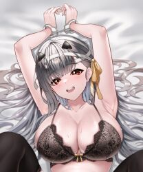 1girl :d absurdres arm_up armpits bandaged_head bandages blush bra breasts cleavage collarbone cuffs goddess_of_victory:_nikke grey_hair hair_ribbon handcuffs highres large_breasts lingerie long_hair lying modernia_(nikke) on_back open_mouth popcat_(jung5u) red_eyes ribbon sidelocks smile solo sweat underwear yellow_ribbon 