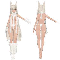  1girl animal_ears ass back bare_shoulders breasts character_sheet commentary dishwasher1910 english_commentary fox_ears full_body gloves grey_eyes grey_hair highres kneehighs large_breasts long_hair looking_at_viewer mixed-language_commentary multiple_views original revealing_clothes scarf simple_background socks white_background 