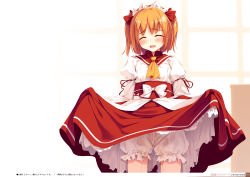 1girl :d absurdres ascot bloomers blush bow clothes_lift dress embarrassed fang hair_bow highres ke-ta lifted_by_self no_wings non-web_source open_mouth orange_hair pee pee_stain peeing peeing_self puffy_sleeves scan skirt skirt_lift smile solo sunny_milk sweatdrop touhou translation_request two_side_up underwear wet wet_clothes white_bloomers rating:Questionable score:36 user:danbooru