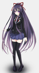  1girl absurdres blue_skirt breasts collared_shirt date_a_live feng_mouren full_body hair_ribbon highres long_hair long_sleeves looking_at_viewer pleated_skirt ponytail purple_eyes purple_hair raizen_high_school_uniform ribbon school_uniform shadow shirt shoes skirt solo thighhighs white_shirt yatogami_tooka 