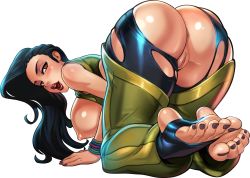 1girl all_fours anus ass asymmetrical_hair barefoot black_hair blush breasts brown_eyes capcom curvy dark-skinned_female dark_skin feet female_focus highres hip_focus huge_ass large_breasts laura_matsuda long_hair looking_back nail_polish nipples no_panties pussy reiq smile soles solo stirrup_legwear street_fighter street_fighter_v thick_thighs thighs third-party_edit toeless_legwear toes uncensored wide_hips rating:Explicit score:198 user:fakyuh