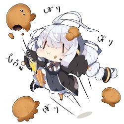  1girl :t antenna_hair bangs black_jacket braid breasts chibi chocolate closed_mouth collared_shirt commentary_request dress eating food food_on_face food_request food_themed_hair_ornament grey_dress hair_between_eyes hair_ornament headphones headset jacket jumping kizuna_akari kneeing large_breasts long_hair milkpanda minigirl open_clothes open_jacket orange_legwear pantyhose puffy_short_sleeves puffy_sleeves shadow shirt short_sleeves silver_hair solo striped striped_legwear translation_request twin_braids twintails vertical-striped_legwear vertical_stripes very_long_hair voiceroid wavy_mouth white_background white_shirt |_| 
