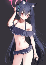  1girl absurdres animal_ear_fluff animal_ears bare_arms bare_legs bare_shoulders bikini black_bikini black_hair blue_archive blush breasts cat_ears cleavage closed_mouth cowboy_shot extra_ears frilled_bikini frills groin hair_between_eyes halo highres long_hair looking_at_viewer mochini navel official_alternate_costume pink_halo red_eyes serika_(blue_archive) serika_(swimsuit)_(blue_archive) small_breasts solo swimsuit twintails 
