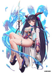 1girl ankleband bare_shoulders black_hair blunt_bangs breasts cleavage detached_collar feet full_body glint gourd hair_ornament horns japanese_clothes large_breasts long_hair looking_at_viewer mana_(remana) miko nail_polish no_panties obi pelvic_curtain platform_footwear revealing_clothes sandals sash see-through sidelocks solo sword thighlet toenail_polish toenails toes twintails very_long_hair weapon wide_sleeves yellow_eyes rating:Questionable score:44 user:danbooru
