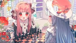  2girls absurdres alternate_costume black_sleeves blue_hair blunt_bangs blush board_game bookshelf bow bug butterfly chess collared_dress commentary_request commission dress food-themed_hat furrowed_brow hair_bow hair_ornament hat highres holding_chess_piece indoors insect kotonoha_akane kotonoha_aoi long_hair long_sleeves looking_at_another multiple_girls multiple_hair_bows mushroom open_mouth own_hands_clasped own_hands_together oyasumi_makura pink_hair playing_chess profile rabbit_hair_ornament raised_eyebrows red_bow red_dress red_eyes siblings sidelocks sisters skeb_commission striped_bow top_hat upper_body voiceroid window you&#039;re_doing_it_wrong 