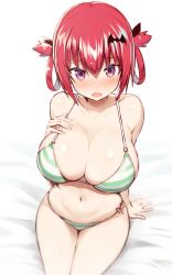 1girl :o absurdres arm_support bare_arms bare_shoulders bat_hair_ornament bed_sheet bikini blurry blush breasts cleavage collarbone depth_of_field fang gabriel_dropout greatmosu green_bikini hair_between_eyes hair_ornament hair_rings highres huge_breasts large_breasts looking_at_viewer navel nose_blush open_mouth perspective purple_eyes red_hair satanichia_kurumizawa_mcdowell short_hair side-tie_bikini_bottom sidelocks sitting skin_fang skindentation solo stomach striped_bikini striped_clothes swimsuit thighs white_background rating:Sensitive score:158 user:danbooru