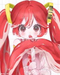  1girl eating_hair food food-themed_clothes food-themed_hair food_in_mouth grid_background hair_ornament hatsune_miku highres holding holding_knife knife long_hair long_sleeves looking_at_viewer meat mipi_(u3u_00) necktie niku_miku_(nankai) raw_meat red_eyes red_hair see-through see-through_sleeves solo twintails upper_body very_long_hair vocaloid 