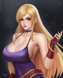  1girl artist_name bare_shoulders blonde_hair blue_eyes bracelet breasts choker cleavage collarbone commentary dress fatal_fury fingerless_gloves fingernails freckles garou:_mark_of_the_wolves gloves hand_up jenet_behrn jewelry kyopink large_breasts lips long_hair looking_at_viewer makeup parted_lips purple_dress red_gloves signature simple_background sleeveless sleeveless_dress smile snk solo the_king_of_fighters upper_body  rating:Sensitive score:44 user:danbooru