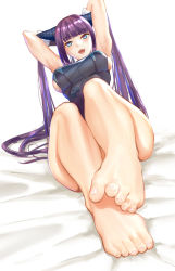 1girl absurdres arms_behind_head arms_up bare_shoulders barefoot black_dress blue_eyes blunt_bangs blush breasts c.rabbit china_dress chinese_clothes detached_sleeves dress fate/grand_order fate_(series) feet hair_ornament highres knees_up legs long_hair looking_at_viewer open_mouth purple_hair sideboob sitting smile solo toes twintails yang_guifei_(fate) yang_guifei_(second_ascension)_(fate) rating:Sensitive score:21 user:danbooru