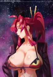  00s 10s 1girl absurdres blush breasts cleavage creator_connection crossover female_focus highres jacket kill_la_kill large_breasts long_hair midriff navel red_hair senketsu solo space swimsuit tengen_toppa_gurren_lagann tenlann underboob yellow_eyes yoko_littner  rating:Questionable score:73 user:Diaoul