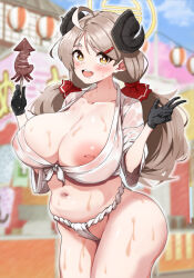  1girl 96nokimihito absurdres ahoge ass blue_archive blush breasts brown_hair curled_horns drooling festival fundoshi gloves hair_ornament hair_ribbon halo highres horns huge_ass huge_breasts ikayaki inverted_nipples izumi_(blue_archive) japanese_clothes large_breasts light_brown_hair long_hair low_twintails nipple_slip nipples oiled plump ribbon shirt solo squid standing tied_shirt twintails wet wet_clothes yellow_eyes 