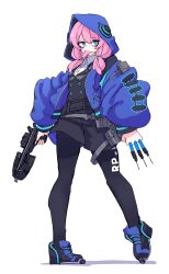  1girl arknights blue_eyes blue_poison_(arknights) bow_(weapon) crossbow dr_yamero frog_girl highres holding holding_crossbow holding_weapon hood hoodie looking_at_viewer pink_hair solo tongue tongue_out weapon white_background 