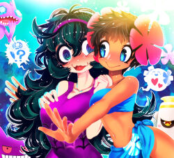  ! !? 2girls ? @_@ black_hair blue_eyes blue_sarong blue_tube_top blush breasts brown_hair closed_eyes closed_mouth collarbone colored_sclera cowboy_shot creatures_(company) curly_hair cyclops dark-skinned_female dark_skin dress drooling dusclops elite_four female_focus flower flower_hair_ornament flower_print game_freak gen_1_pokemon gen_3_pokemon gengar grin hair_between_eyes hair_ornament hairband hakkasame hand_to_own_mouth headband heart hex_maniac_(pokemon) long_hair looking_at_another medium_breasts multiple_girls navel nintendo one-eyed open_mouth outstretched_arms phoebe_(pokemon) pink_flower pokemon pokemon_(creature) pokemon_rse pokemon_xy purple_dress purple_hairband purple_headband red_sclera ringed_eyes sableye sarong sharp_teeth shiny_skin short_hair sidelocks sleeveless sleeveless_dress smile spider_web_print spoken_exclamation_mark spoken_heart spoken_question_mark strapless surprise_hug sweat tagme teeth thighs tube_top wavy_mouth wide-eyed 