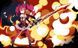  1girl abe_kanari bare_shoulders cape choker detached_sleeves disgaea fang hair_ribbon highres huge_weapon nippon_ichi open_mouth pantyhose petta petta_(phantom_kingdom) phantom_kingdom pointy_ears ribbon skirt solo sword twintails weapon white_eyes 