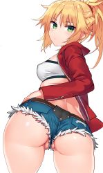 1girl absurdres ass bad_id bad_twitter_id bandeau belt blonde_hair blush braid breasts denim denim_shorts fate_(series) from_behind green_eyes highres jacket long_hair looking_at_viewer medium_breasts messy_hair mordred_(fate) mordred_(fate/apocrypha) mordred_(memories_at_trifas)_(fate) ndgd no_panties open_clothes open_jacket partially_visible_vulva ponytail pussy pussy_peek red_jacket scrunchie short_shorts shorts sidelocks simple_background small_breasts solo upshorts white_background rating:Explicit score:195 user:danbooru