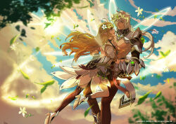  1boy 1girl alternate_costume alternate_hair_color alternate_hairstyle braid copyright_notice couple dress ein_choi elsword face-to-face fairy_wings falling_leaves feet_out_of_frame grey_hair hair_over_one_eye hand_on_another&#039;s_back hand_on_another&#039;s_chest high_heels hug leaf light_brown_hair long_hair looking_at_another mechanical_arms official_art open_mouth raven_cronwell rena_erindel single_mechanical_arm single_thighhigh sky smile sun thighhighs toned toned_male topless_male tree white_dress wings yellow_eyes 
