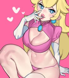 1girl absurdres blonde_hair blue_eyes breasts cleavage cleavage_cutout clothing_cutout earrings elbow_gloves gloves hand_up heart heart-shaped_pupils highres jewelry knee_up large_breasts long_hair mario_(series) navel nia_(nia4294) nintendo panties pink_background pink_panties princess_peach simple_background solo symbol-shaped_pupils underwear white_gloves rating:Sensitive score:124 user:danbooru