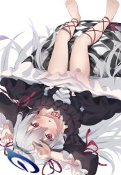  1girl arms_up barefoot black_dress blue_halo blush cushion dress eip_(pepai) frilled_dress frilled_sleeves frills gothic_lolita grey_hair hair_ribbon halo highres leg_ribbon lolita_fashion long_hair looking_at_viewer lying on_back open_mouth original red_eyes red_ribbon ribbon simple_background solo upside-down white_background wide_sleeves 