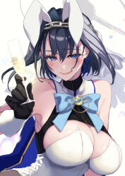  1girl adapted_costume animal_ears black_hair blue_eyes blush bow bow_earrings breasts chain_headband cleavage cleavage_cutout clothing_cutout cup dress drinking_glass drunk earrings fake_animal_ears fangs gloves hair_intakes hair_ornament halo highres hololive hololive_english jewelry large_breasts leotard mechanical_halo multicolored_hair ouro_kronii ouro_kronii_(1st_costume) playboy_bunny pochi_(pochi-goya) rabbit_ears short_hair skin_fangs smile solo strapless strapless_leotard virtual_youtuber white_dress white_headwear white_leotard wine_glass 