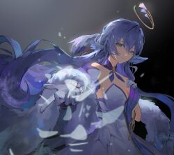  1girl absurdres aqua_eyes bare_shoulders breasts camellia1nsnow cleavage closed_mouth detached_collar detached_sleeves dress floating_hair gloves halo head_wings highres honkai:_star_rail honkai_(series) long_hair looking_at_viewer purple_dress purple_hair robin_(honkai:_star_rail) short_sleeves smile solo standing two-tone_dress white_dress white_gloves white_wings wings 