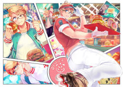&gt;_&lt; &gt;_o 1boy ahoge america_(hetalia) arms_up axis_powers_hetalia black_pants blonde_hair blue_eyes blue_jacket blurry blurry_background blush border burger buttons closed_eyes closed_mouth coffee_cup collarbone collared_shirt comic commentary_request cup disposable_cup doughnut eating food food_on_face french_fries gloves halftone hands_up hat himaruya_hidekazu holding holding_food holding_tray indoors inline_skates jacket letterman_jacket long_sleeves looking_at_viewer male_focus napkin one_eye_closed open_clothes open_jacket open_mouth outside_border pants parted_bangs red_hat red_shirt restaurant roller_skates shirt short_hair short_sleeves sign sitting skates smile solo sparkle star-shaped_pupils star_(symbol) stretching swept_bangs symbol-shaped_pupils thumbs_up tray v-shaped_eyebrows visor_cap waiter white_border white_gloves white_pants white_shirt