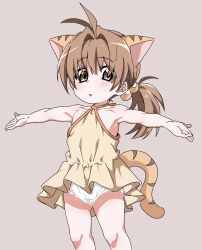  1girl :o absurdres animal_ears antenna_hair bare_shoulders blush brown_background brown_eyes brown_hair cat_ears cat_girl cat_tail commentary_request cowboy_shot di_gi_charat dress flat_chest frilled_dress frills fujiwara_tatsuroo hair_bobbles hair_intakes hair_ornament halterneck highres loli long_hair low_ponytail microdress outstretched_arms panties puchiko simple_background sleeveless sleeveless_dress solo spread_arms striped_tail tail underwear white_panties yellow_dress 