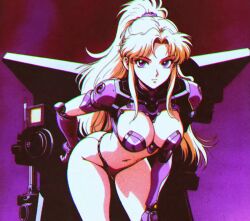  1990s_(style) 1girl armor artist_request bikini_armor blonde_hair breasts cleavage expressionless hand_on_own_hip hand_on_own_knee highres large_breasts leaning_forward legs long_hair looking_at_viewer navel original ponytail purple_eyes retro_artstyle thighs 