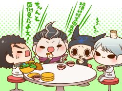  4boys :&gt; :3 animal animal_on_hand animal_on_head bandaged_hand bandages beanie black_coat black_eyes black_footwear black_hair black_hat black_jacket blazer blue_shirt blush_stickers boots bowl brown_hair buttons chibi cigarette closed_mouth coat collared_coat collared_shirt commentary_request cup danganronpa:_trigger_happy_havoc danganronpa_(series) danganronpa_2:_goodbye_despair danganronpa_3_(anime) danganronpa_v3:_killing_harmony drink fake_horns formal furrowed_brow green_background grey_hair grey_pants hamster hat high_collar holding holding_drink holding_tongs horned_headwear horns hoshi_ryoma ishimaru_kiyotaka jacket layered_sleeves leather leather_jacket lecturing light_blush long_sleeves male_focus motion_lines mouth_hold multicolored_hair multiple_boys munakata_kyousuke neckerchief on_head on_stool open_clothes open_coat open_mouth pants petting plate pocket pointing pointing_at_another polka_dot polka_dot_background purple_scarf salad scar scar_across_eye scarf shirt shoes short_hair sideburns simple_background sitting sleeves_past_elbows smile solid_oval_eyes spiked_hair streaked_hair suit sweatdrop table tanaka_gundham tea teacup thick_eyebrows tongs translation_request two-sided_coat two-sided_fabric two-tone_background two-tone_hair v-shaped_eyebrows white_background white_jacket white_neckerchief white_pants white_shirt white_suit yumaru_(marumarumaru) zipper 